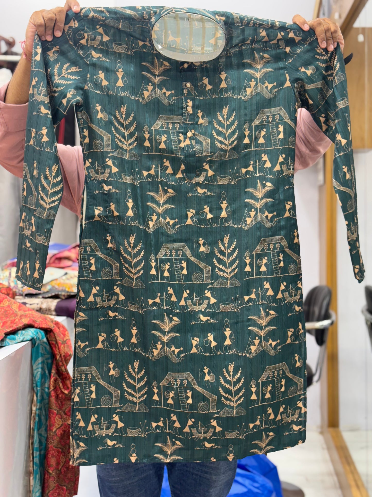 Rama Green Digital Printed Jacquard Kurta for Men | Festive & Navratri Ethnic Wear - KFM 12