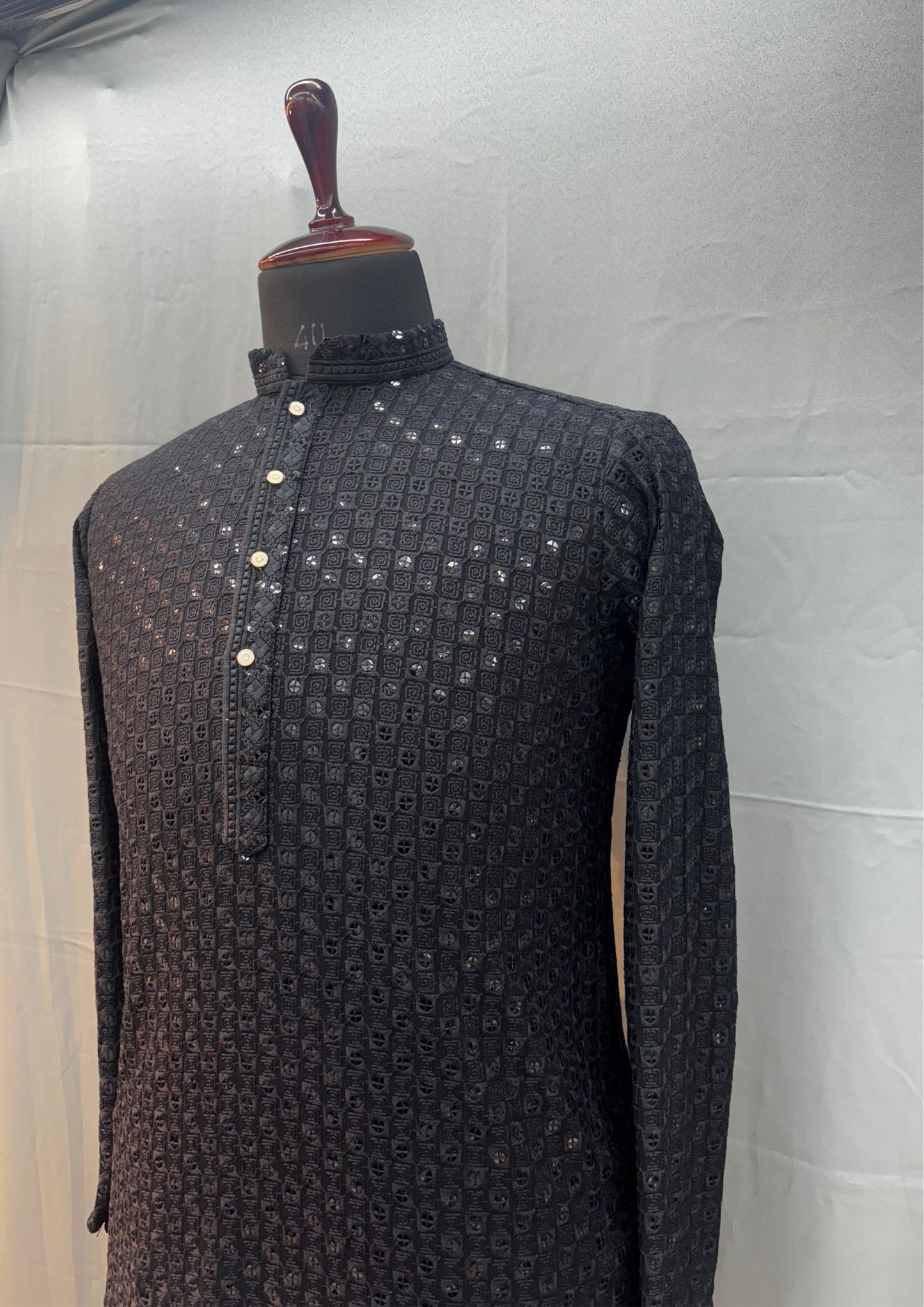 Black Lakhnavi Kurta Set for Men - Reyon Kurta JEW4