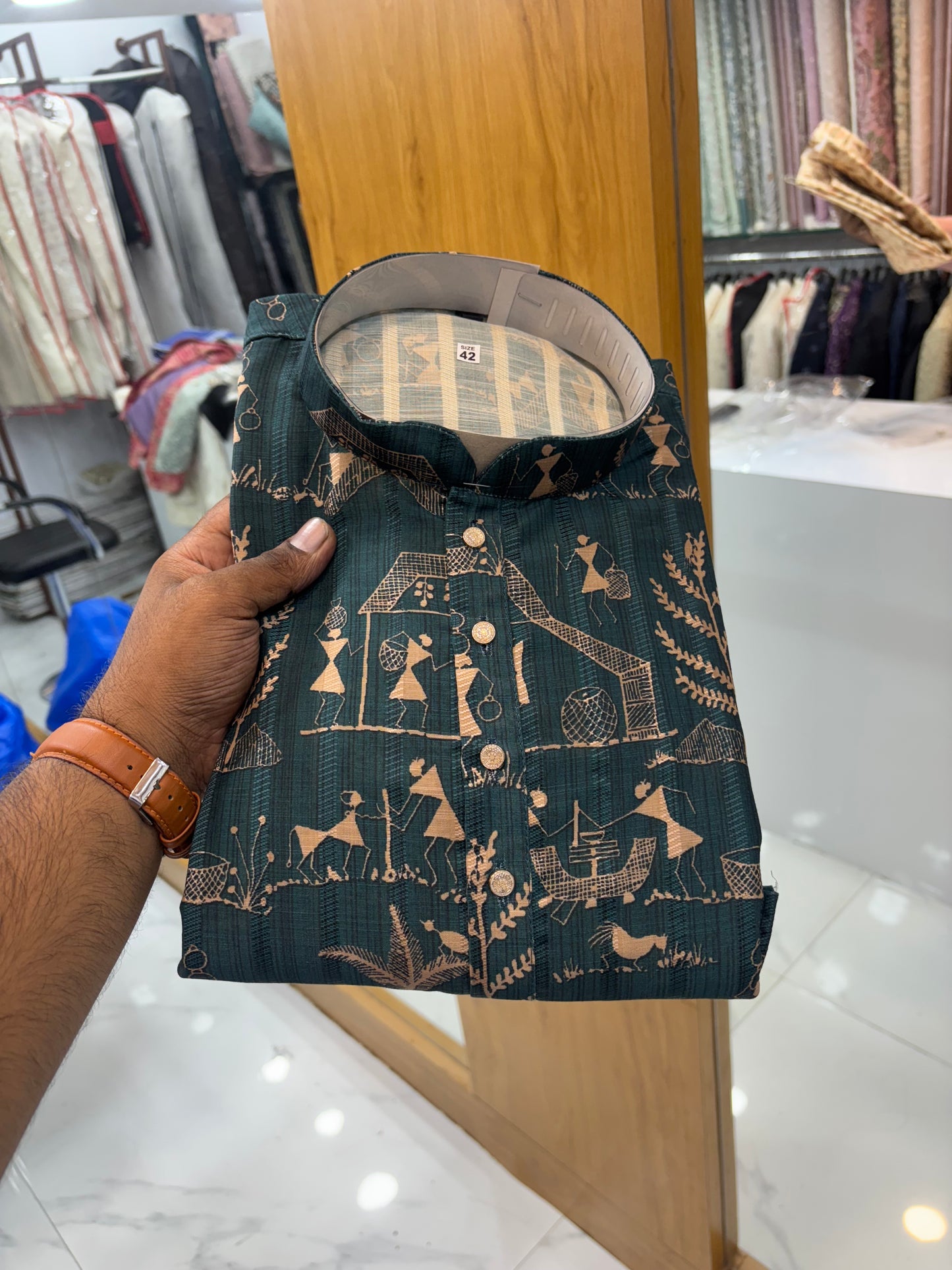 Rama Green Digital Printed Jacquard Kurta for Men | Festive & Navratri Ethnic Wear - KFM 12