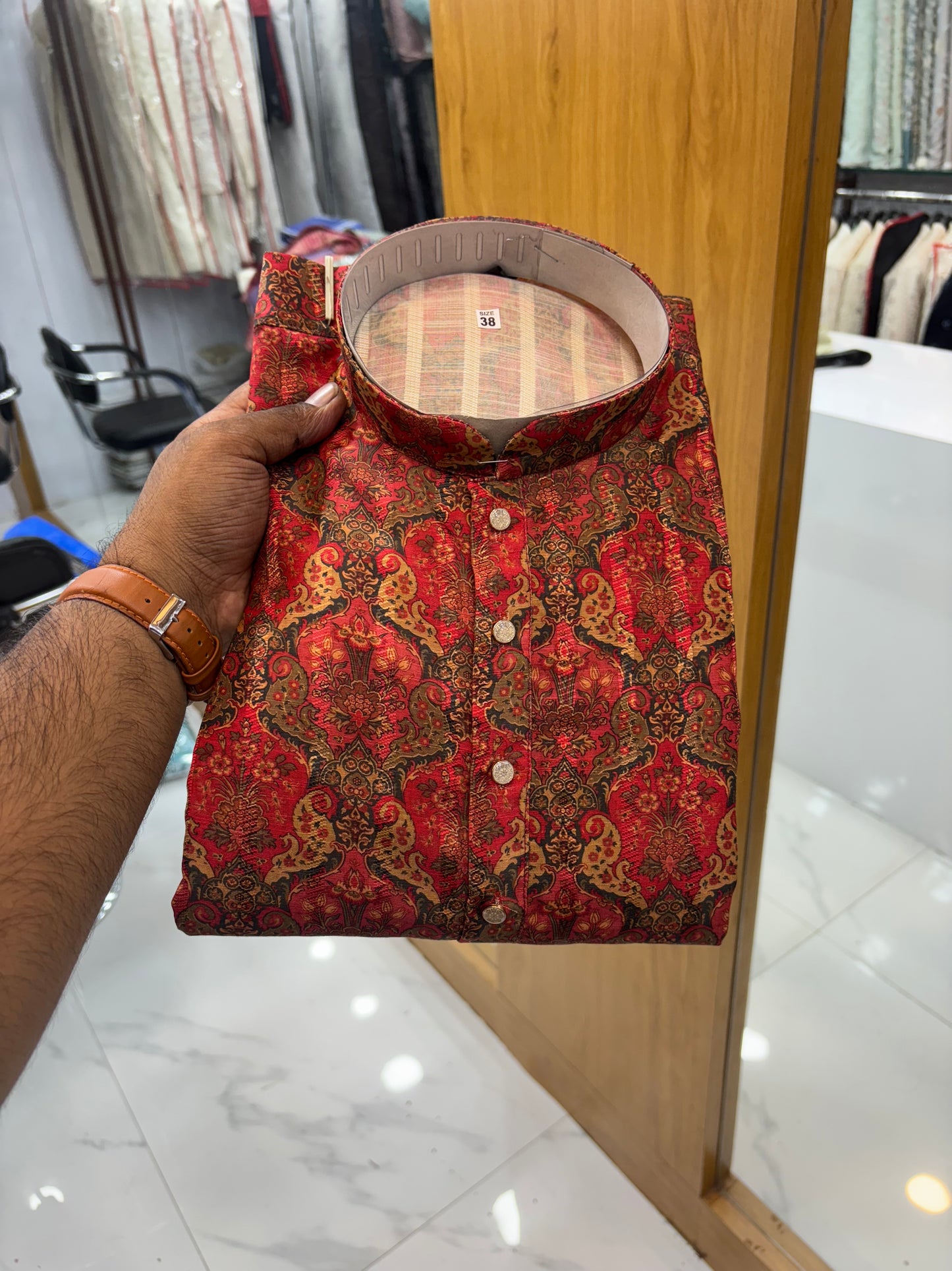 Red Digital Printed Jacquard Kurta for Men – Festive & Navratri Wear - KFM 11