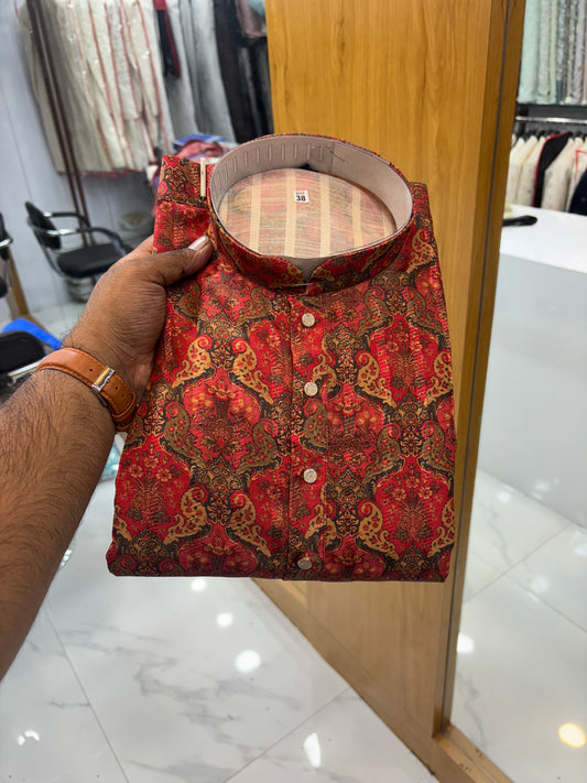 Red Digital Printed Jacquard Kurta for Men – Festive & Navratri Wear - KFM 11