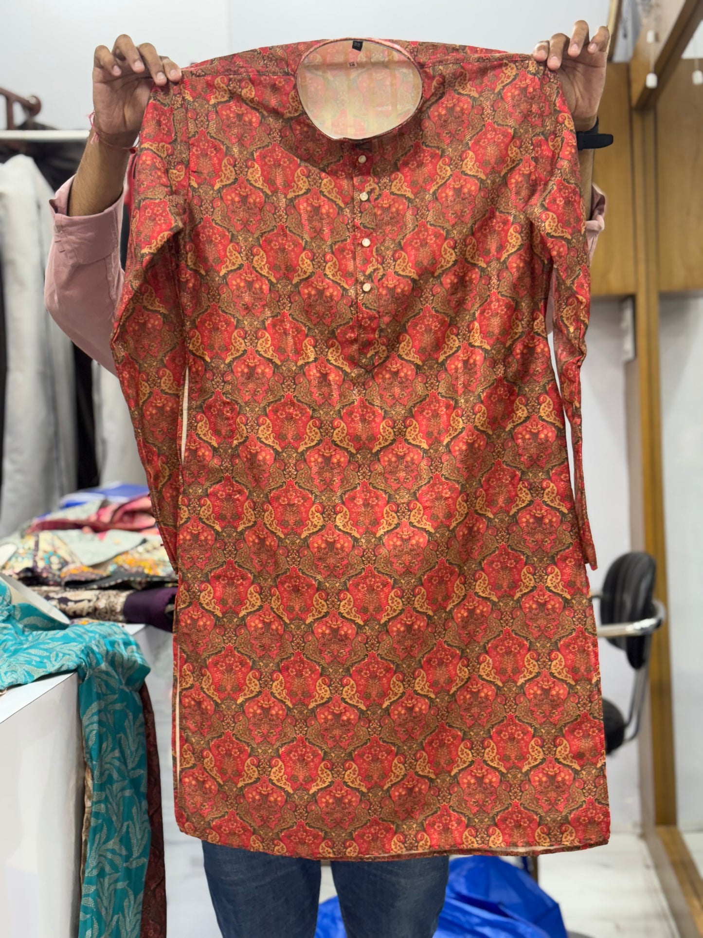 Red Digital Printed Jacquard Kurta for Men – Festive & Navratri Wear - KFM 11