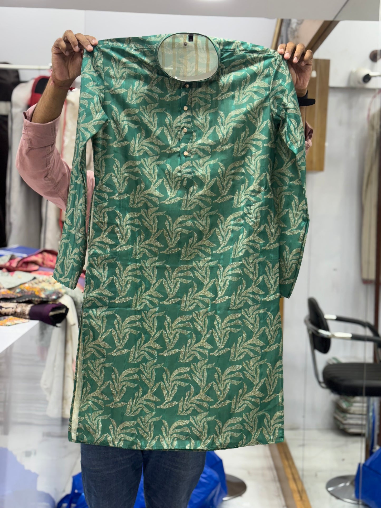 Rama Green Jacquard Kurta for Men | Navratri Ethnic Wear - KFM 13