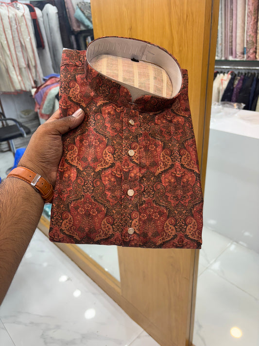 Maroon Digital Printed Jacquard Kurta for Men - KFM 12