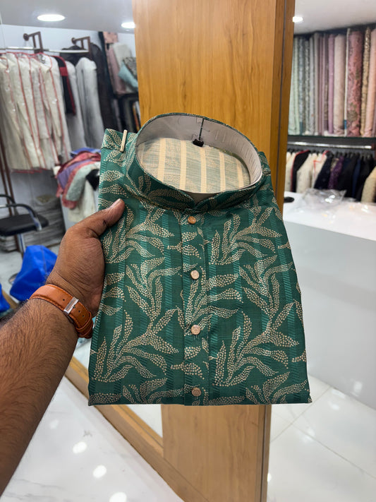 Rama Green Jacquard Kurta for Men | Navratri Ethnic Wear - KFM 13
