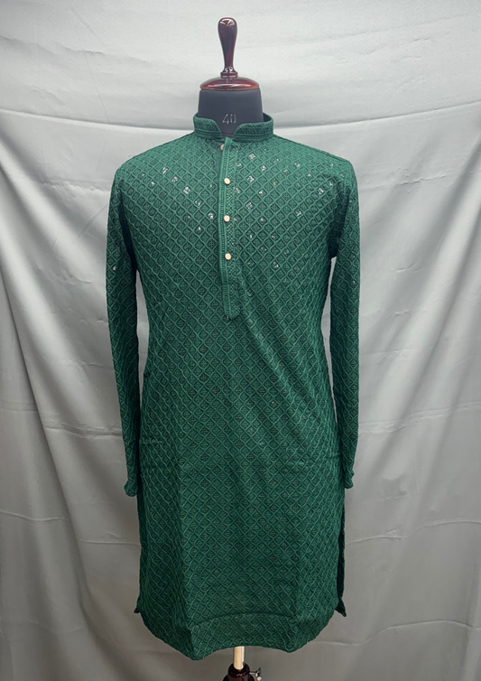 Bottle Green Lakhnavi Kurta Set for Men - Reyon Kurta JEW7-2