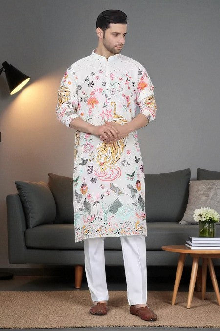 White Tiger Embroidered Kurta Set for Men | Kurta For Mens
